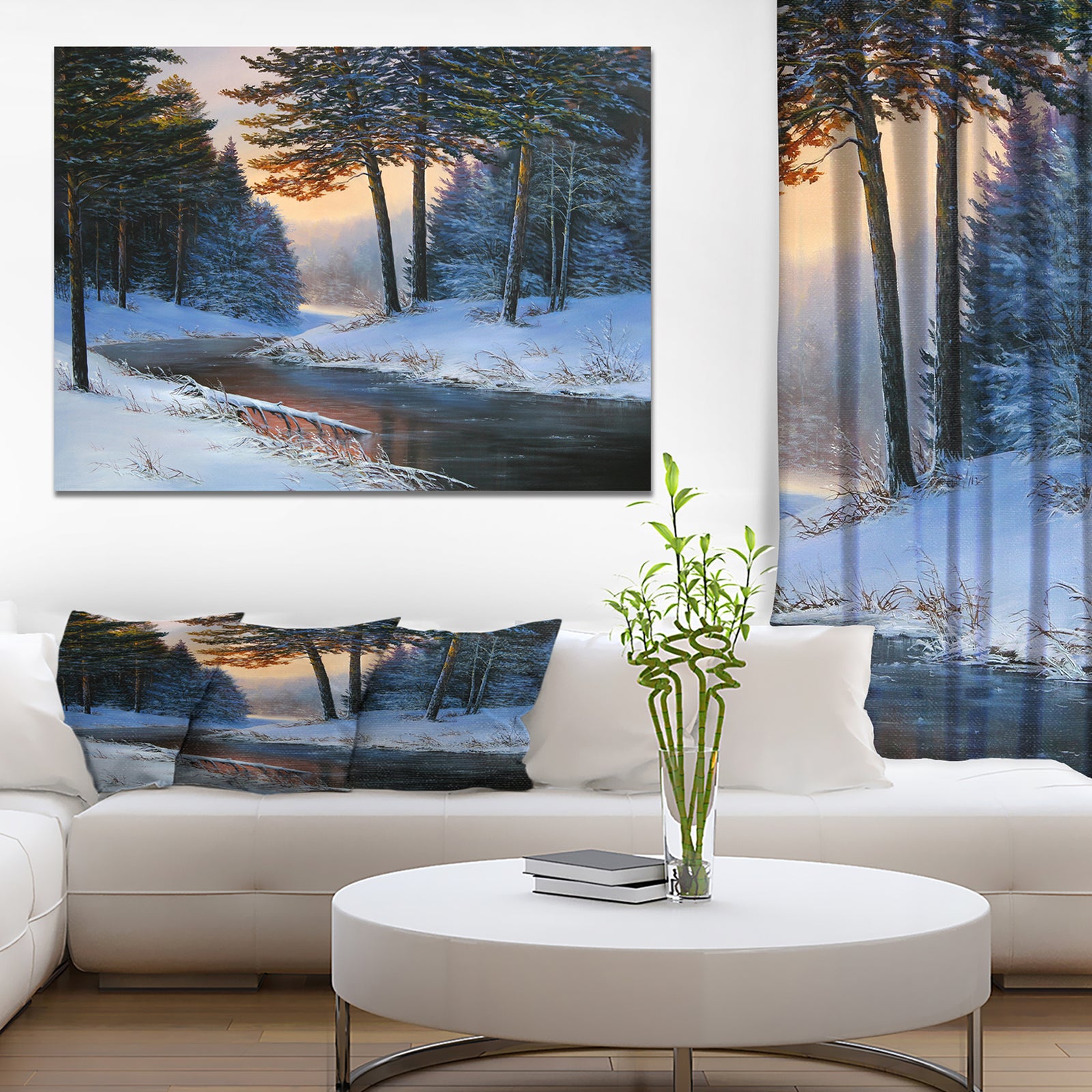 Winter River and Forest - Landscapes Painting Print on Wrapped Canvas