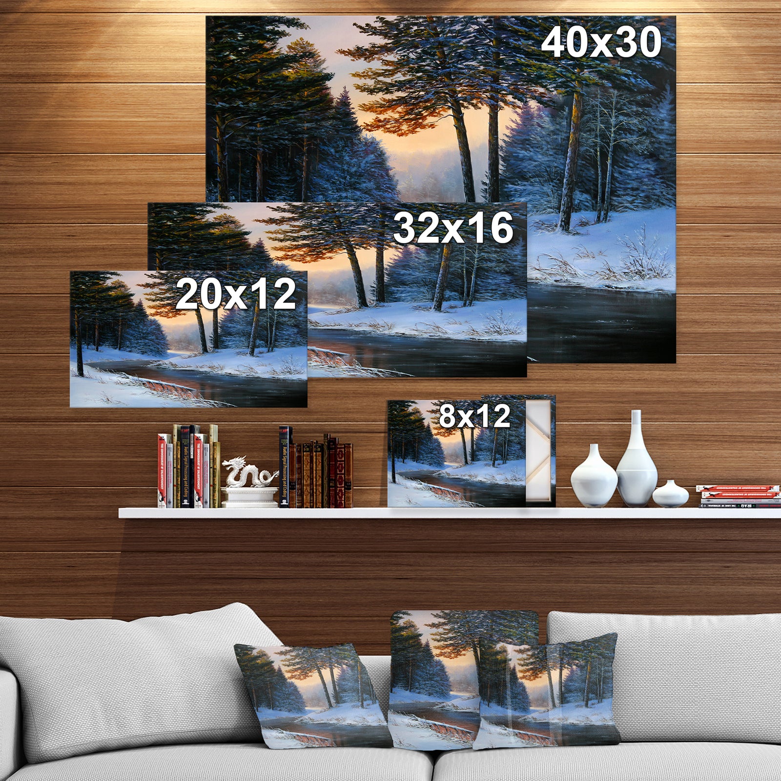 Winter River and Forest - Landscapes Painting Print on Wrapped Canvas