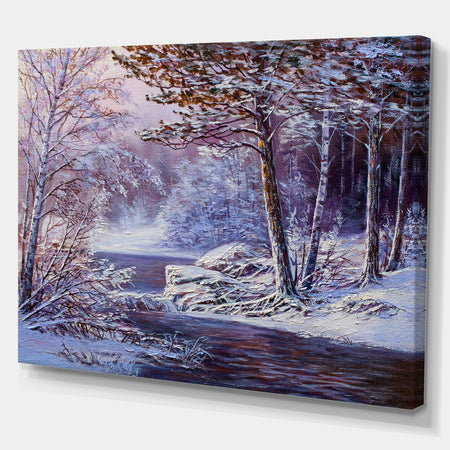 Winter Landscape Forest in River - Landscapes Painting Print on Wrapped Canvas
