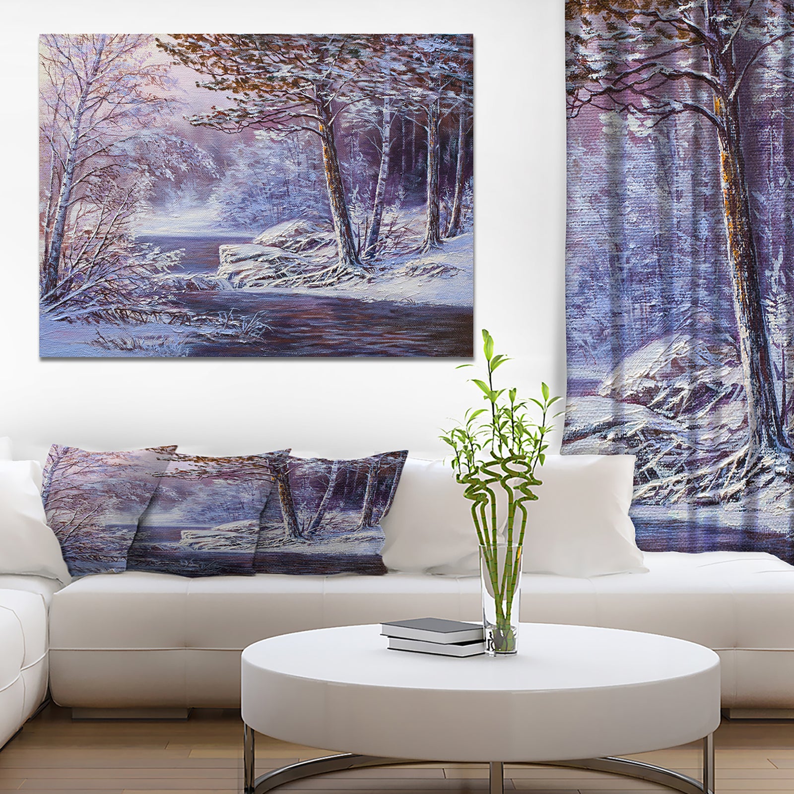 Winter Landscape Forest in River - Landscapes Painting Print on Wrapped Canvas
