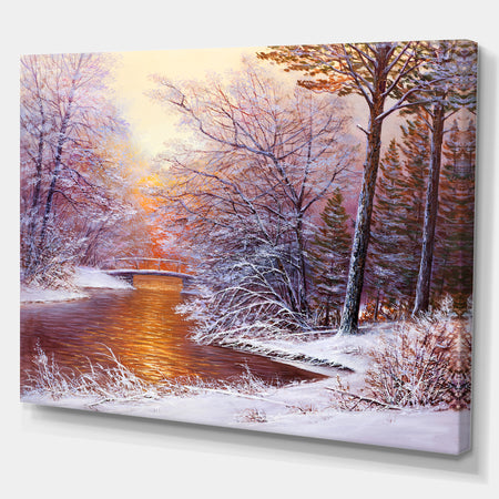 Winter Landscape with River - Landscapes Painting Print on Wrapped Canvas