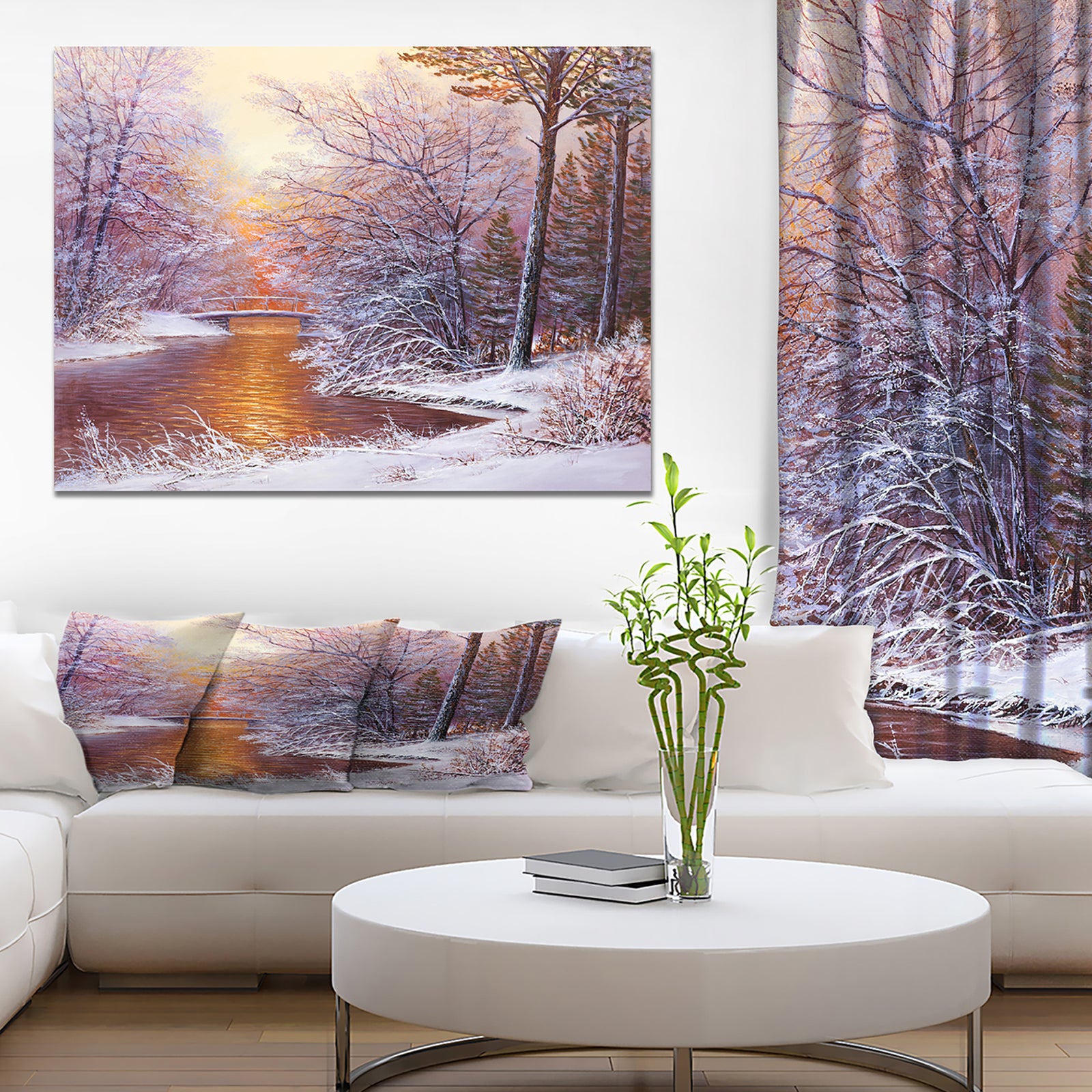 Winter Landscape with River - Landscapes Painting Print on Wrapped Canvas