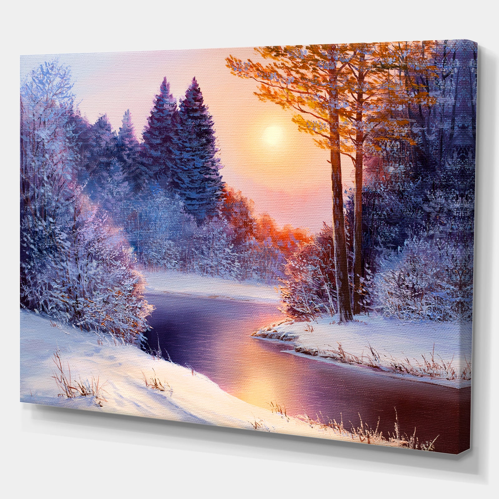 Christmas forest with river - Landscapes Painting Print on Wrapped Canvas