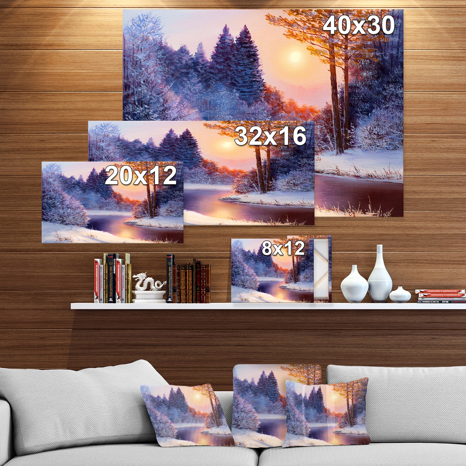 Christmas forest with river - Landscapes Painting Print on Wrapped Canvas