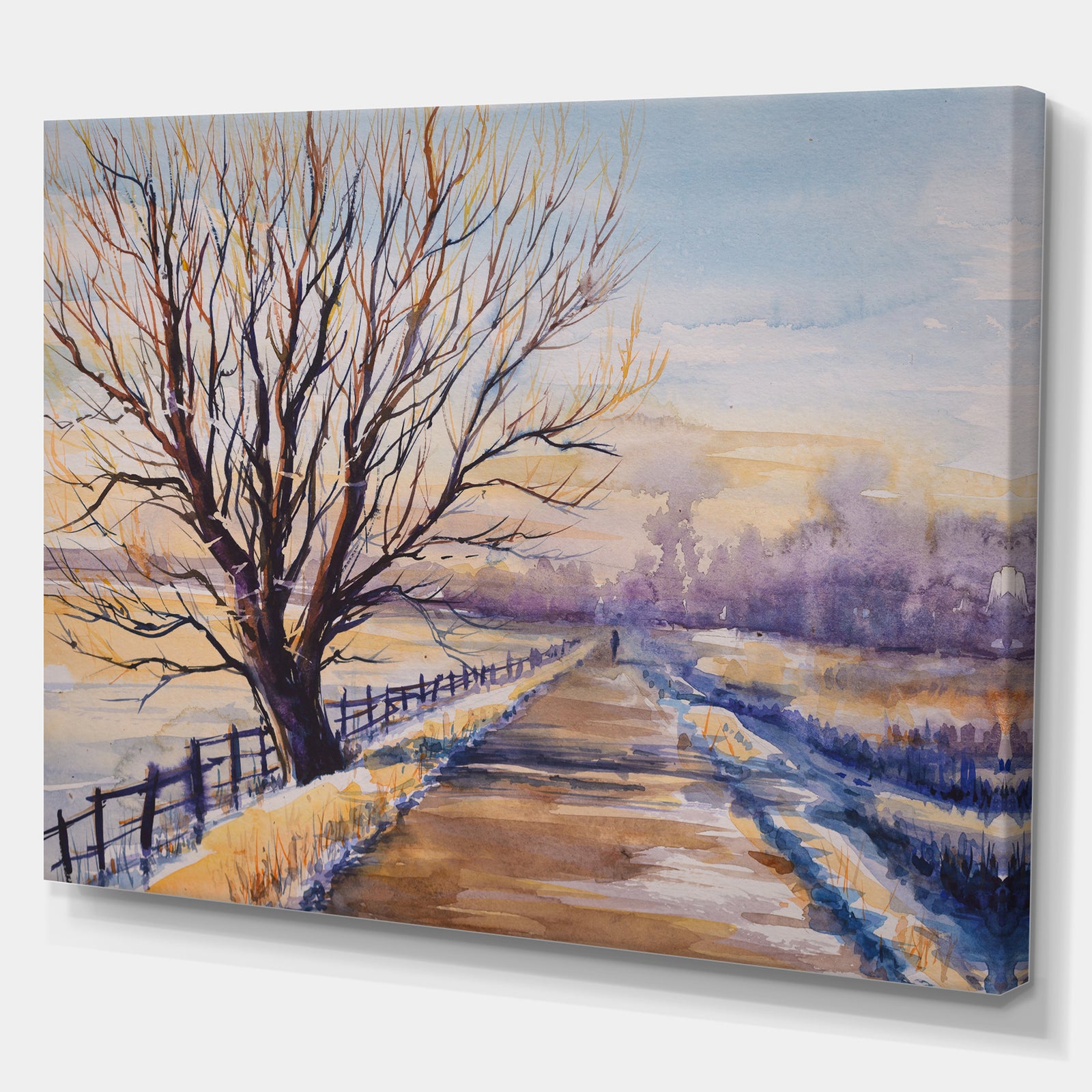 Tree close to the road - Landscapes Painting Print on Wrapped Canvas
