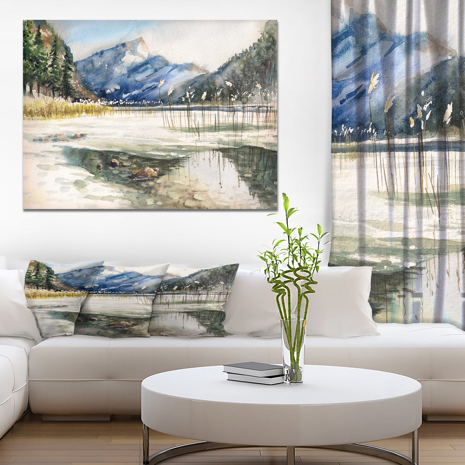 Winter Lake and Mountans Reflecting in Water - Landscapes Painting Print on Wrapped Canvas