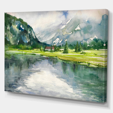 Mountain and Lake in Autumn - Landscapes Painting Print on Wrapped Canvas