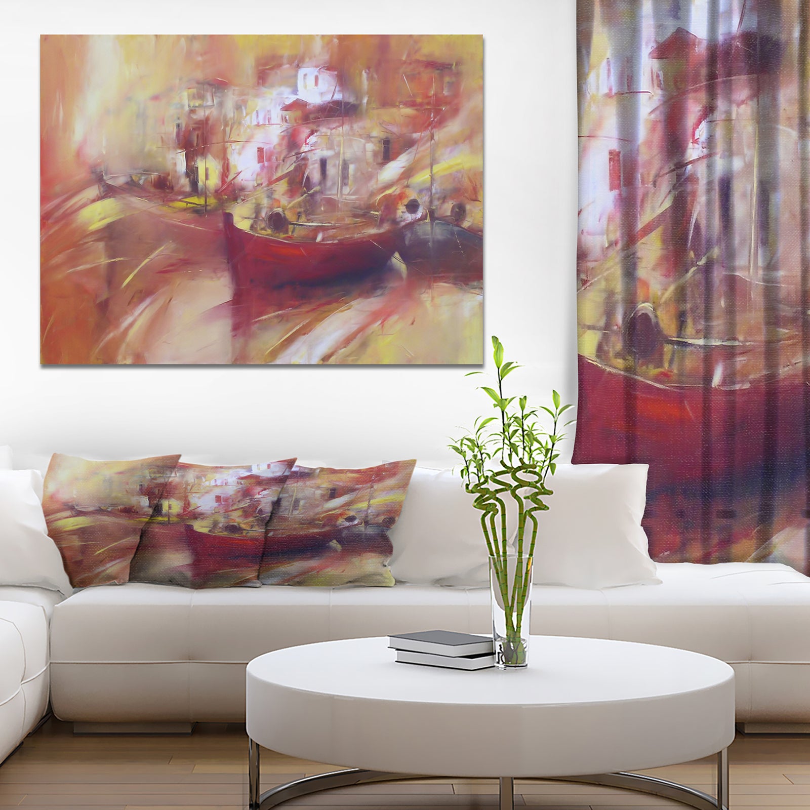 Fishing Boats moored in the harbor - Nautical Painting Print on Wrapped Canvas