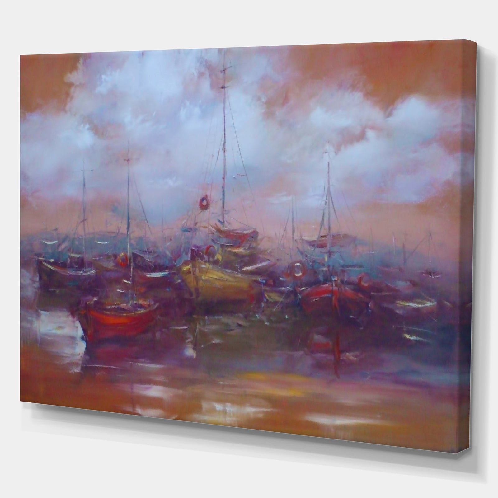 Small Boats moored in The Harbor Oil Painting - Nautical Painting Print on Wrapped Canvas