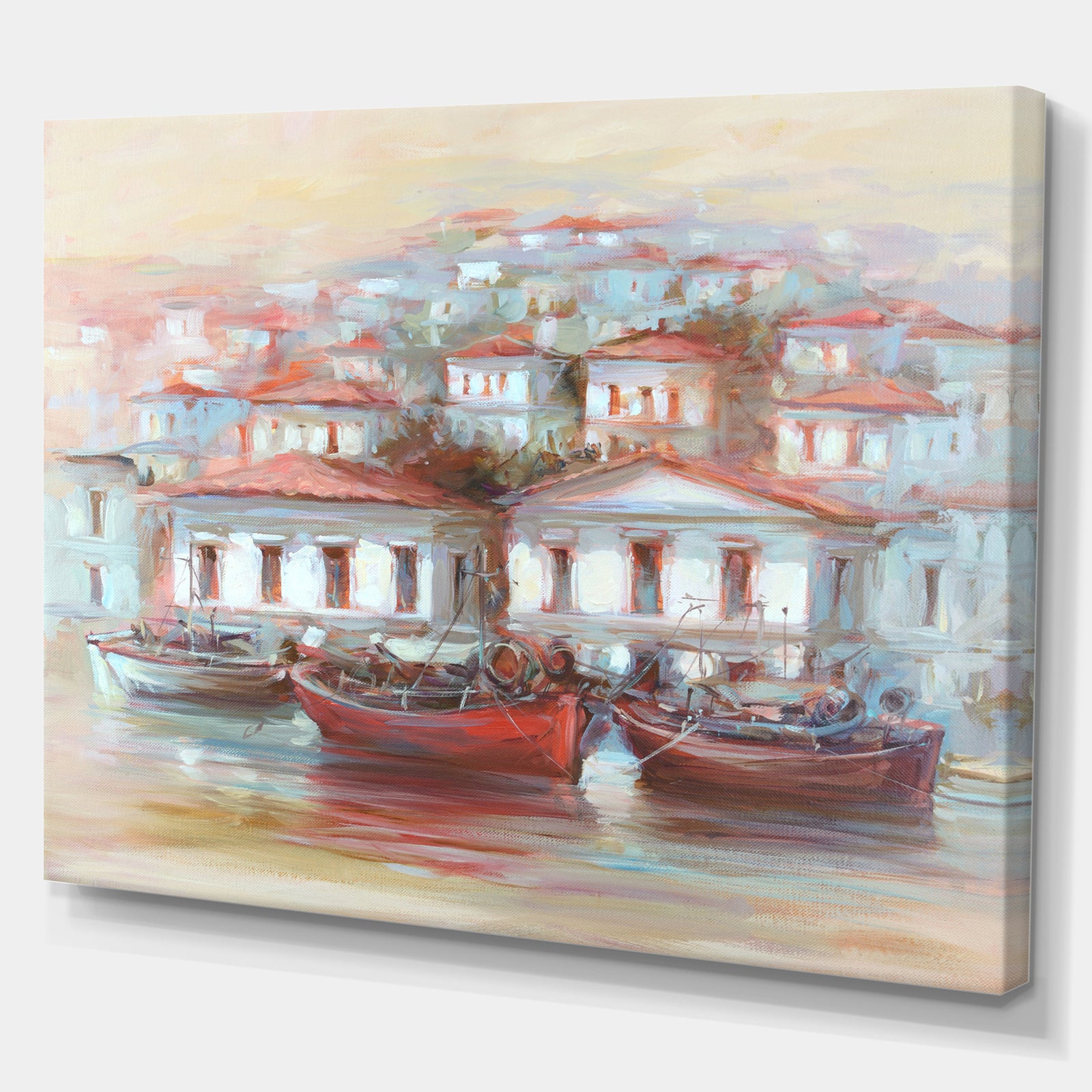 Three Fishing Boats on the island Harbor - Nautical Painting Print on Wrapped Canvas