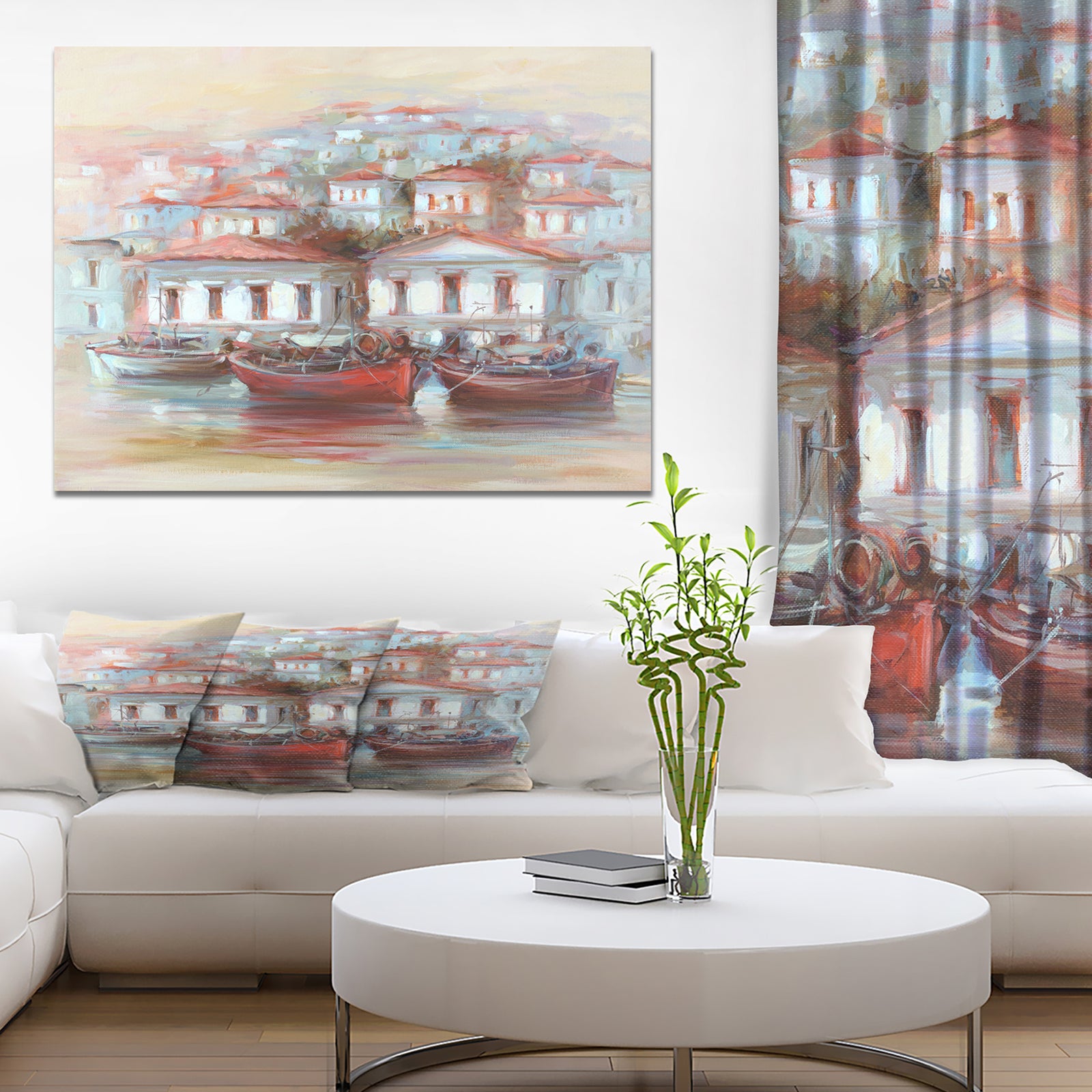 Three Fishing Boats on the island Harbor - Nautical Painting Print on Wrapped Canvas