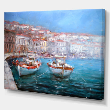 Venice Italy Two Boats on the island harbor - Nautical Painting Print on Wrapped Canvas
