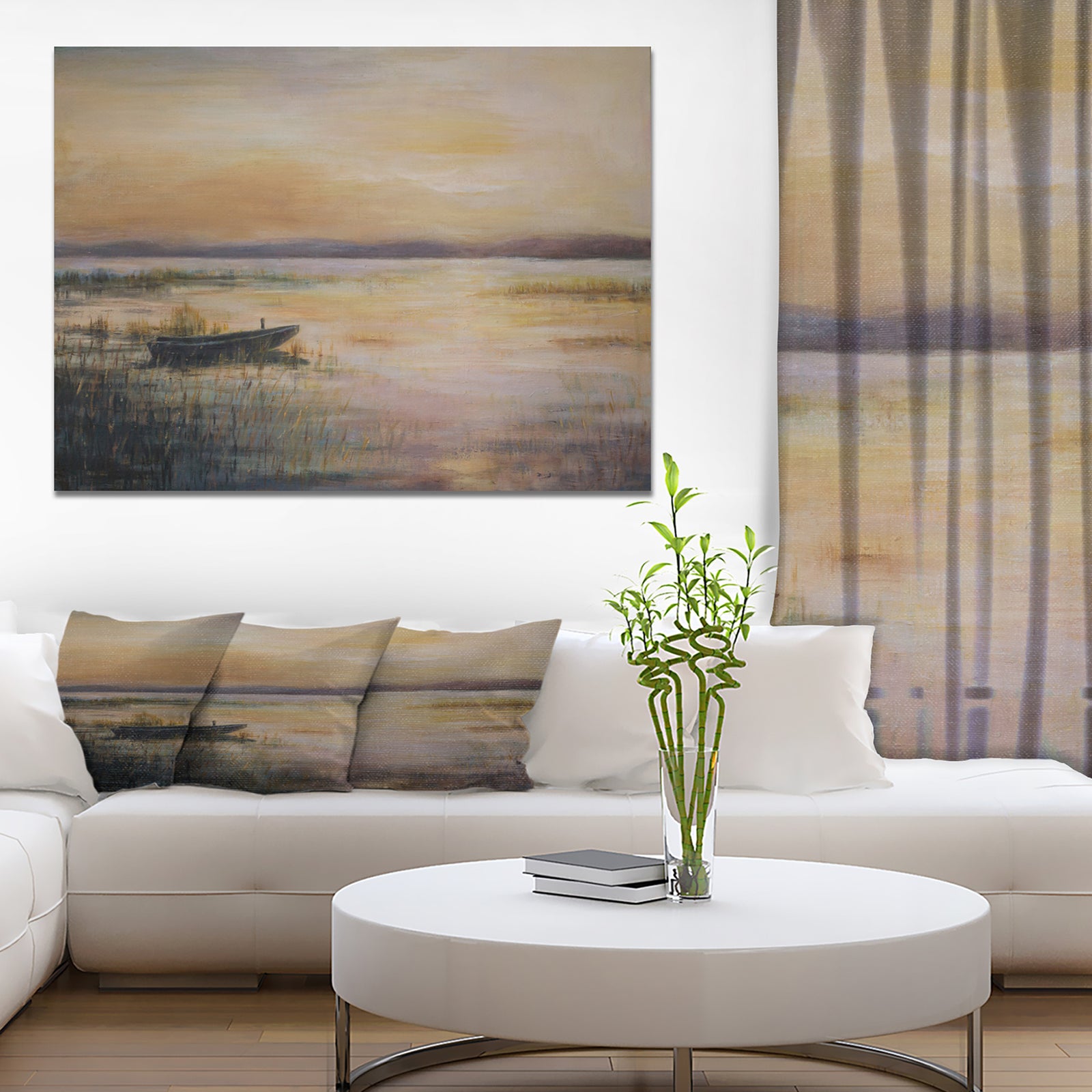 Boat on the Lake in Twilight - Nautical Painting Print on Wrapped Canvas