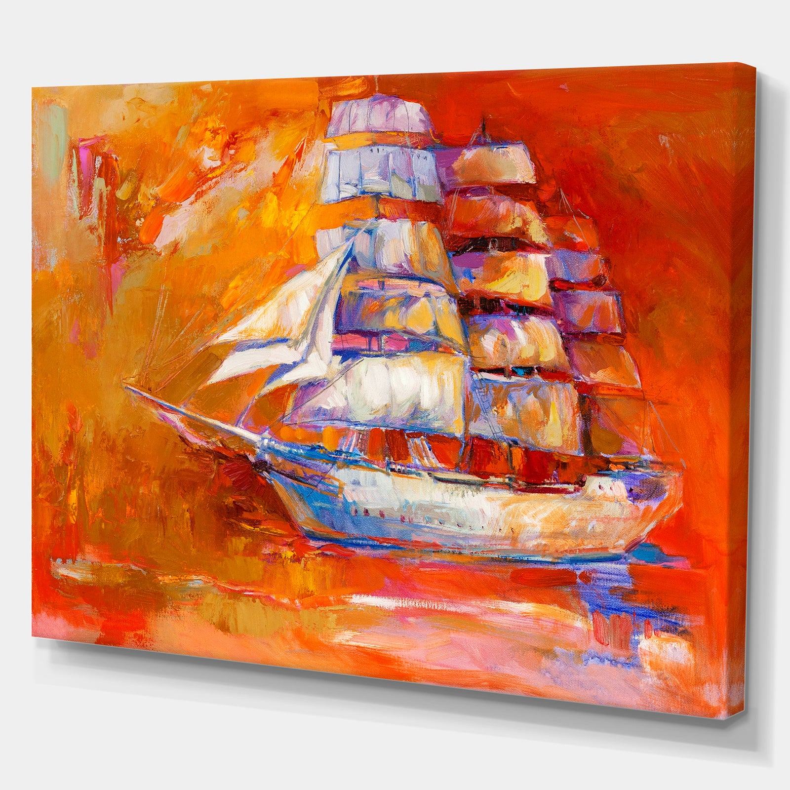 Golden Sunset in Ocean Ship - Nautical Painting Print on Wrapped Canvas