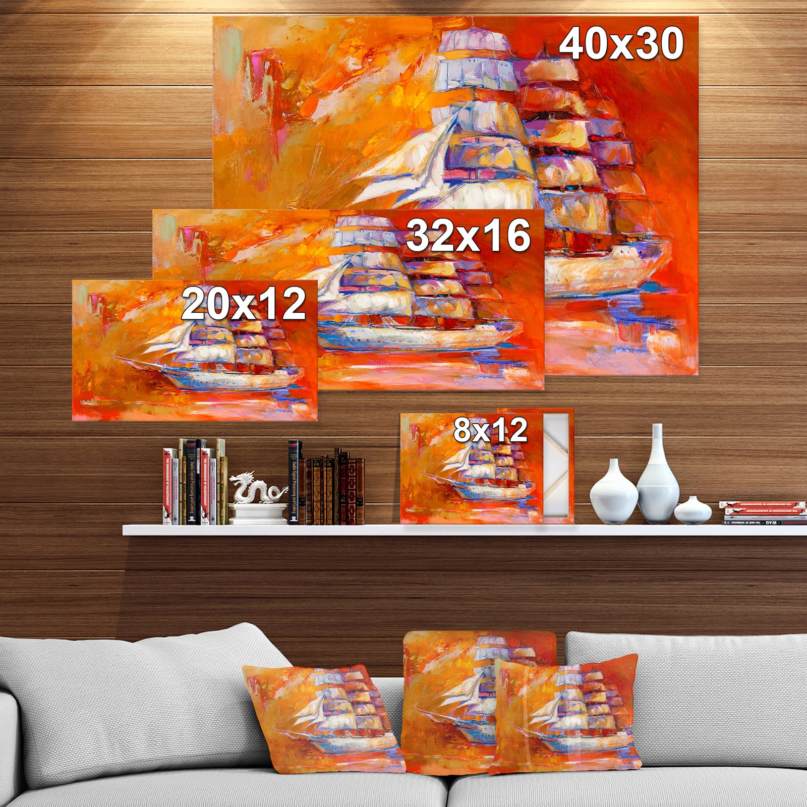 Golden Sunset in Ocean Ship - Nautical Painting Print on Wrapped Canvas