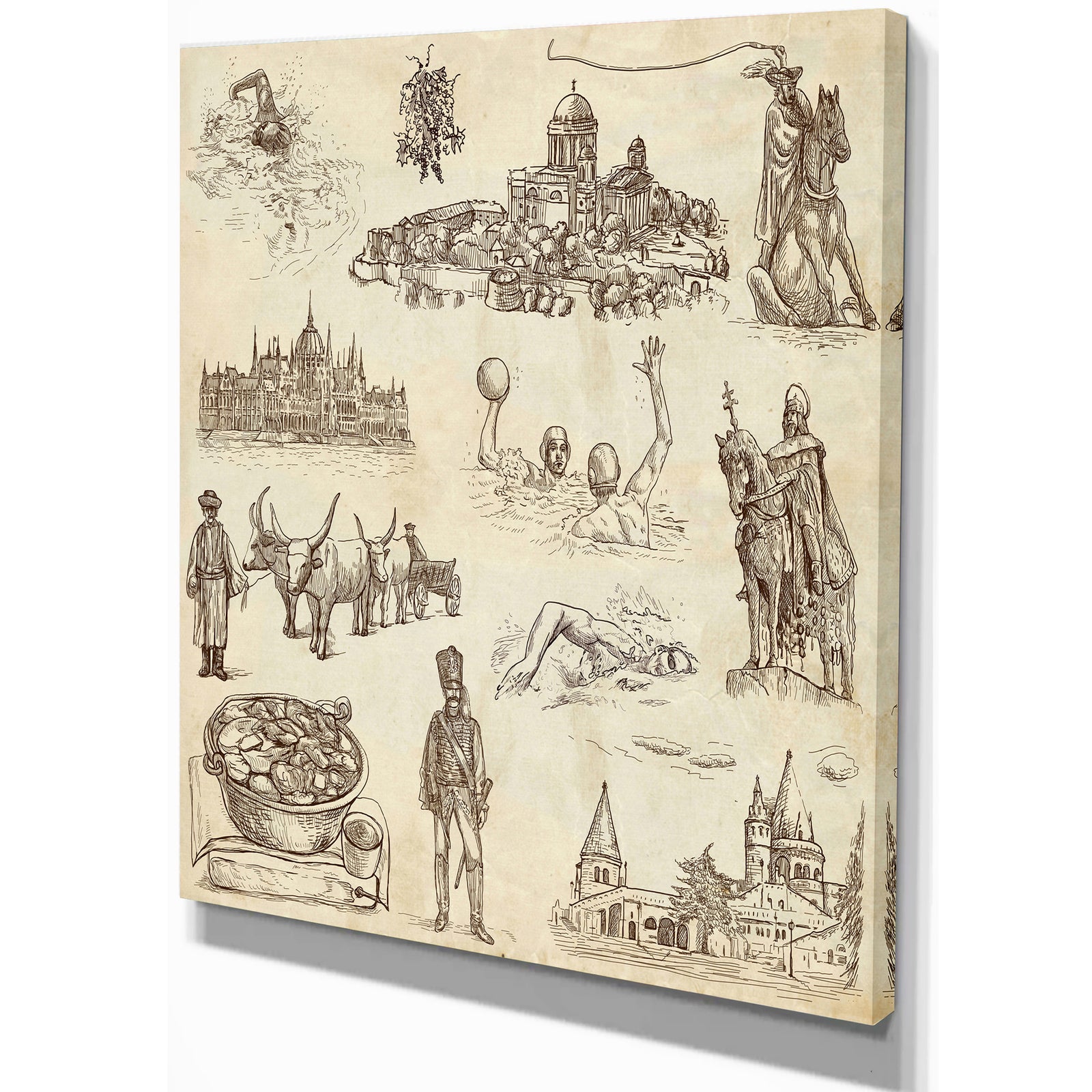 Hungary Illustratin in Old Paper - People Painting Print on Wrapped Canvas