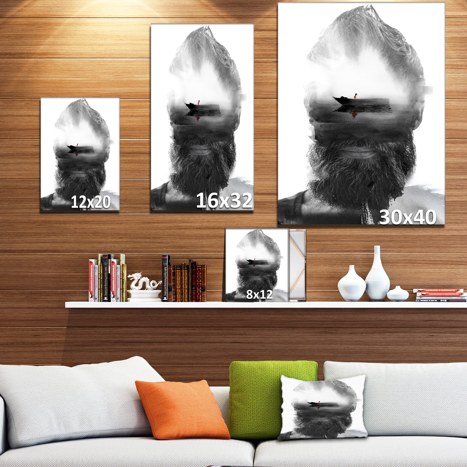 Floating Boat in Man Portrait - Glamour Painting Print on Wrapped Canvas