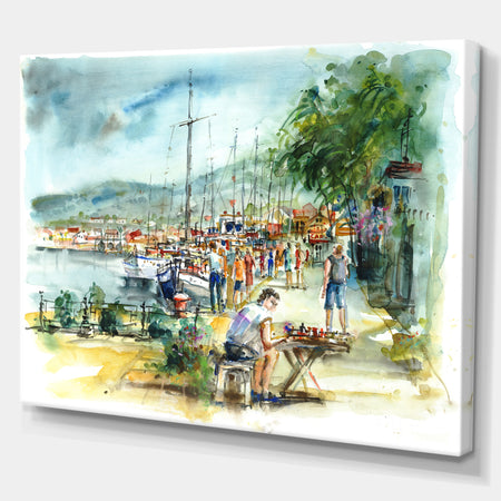 People in the harbor - Sea & Shore Painting Print on Wrapped Canvas