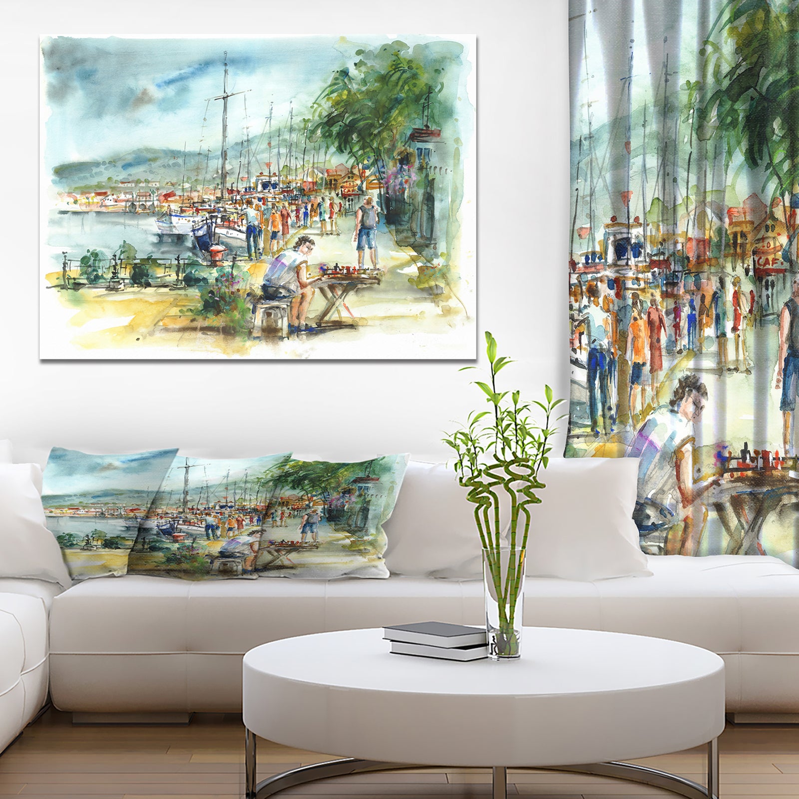 People in the harbor - Sea & Shore Painting Print on Wrapped Canvas
