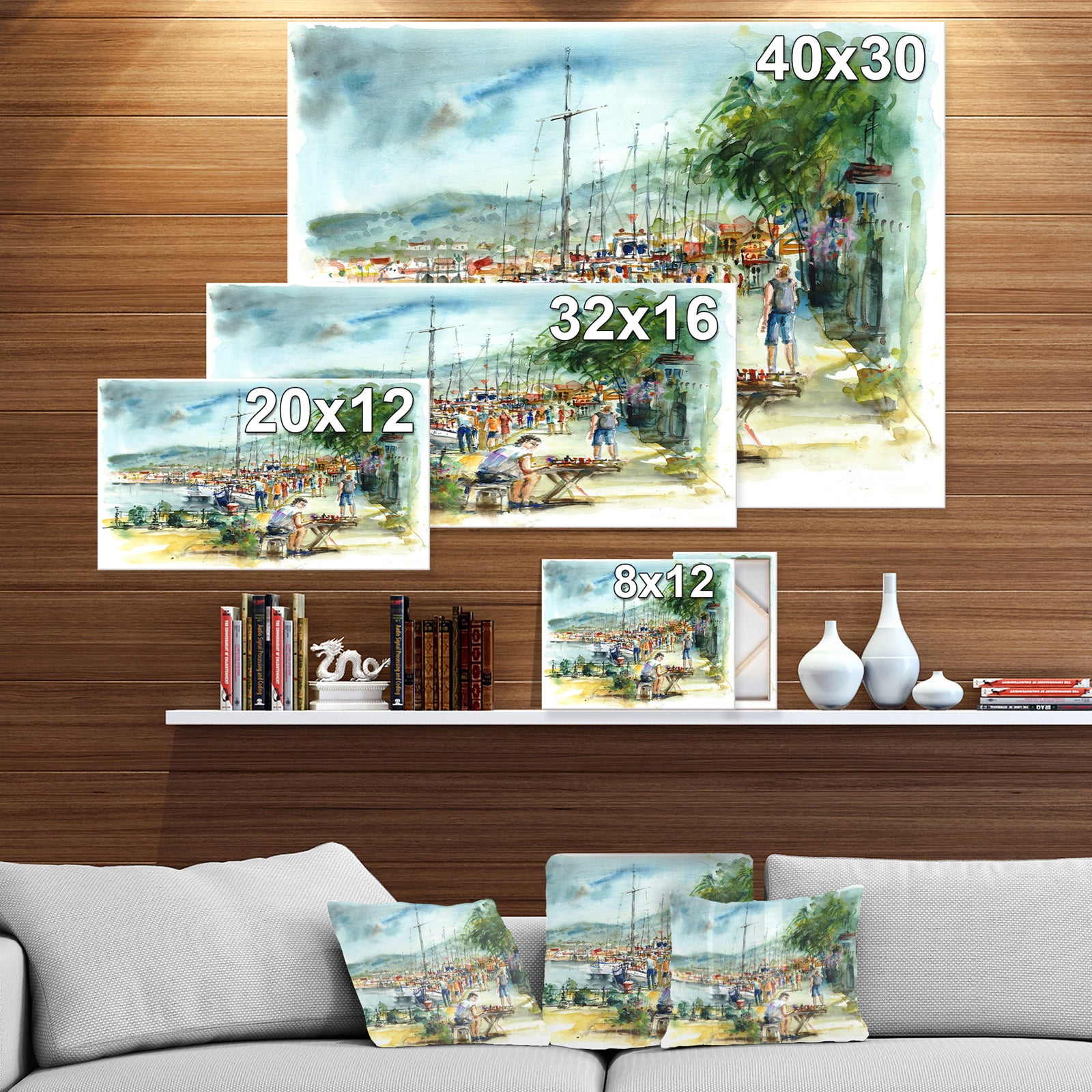 People in the harbor - Sea & Shore Painting Print on Wrapped Canvas