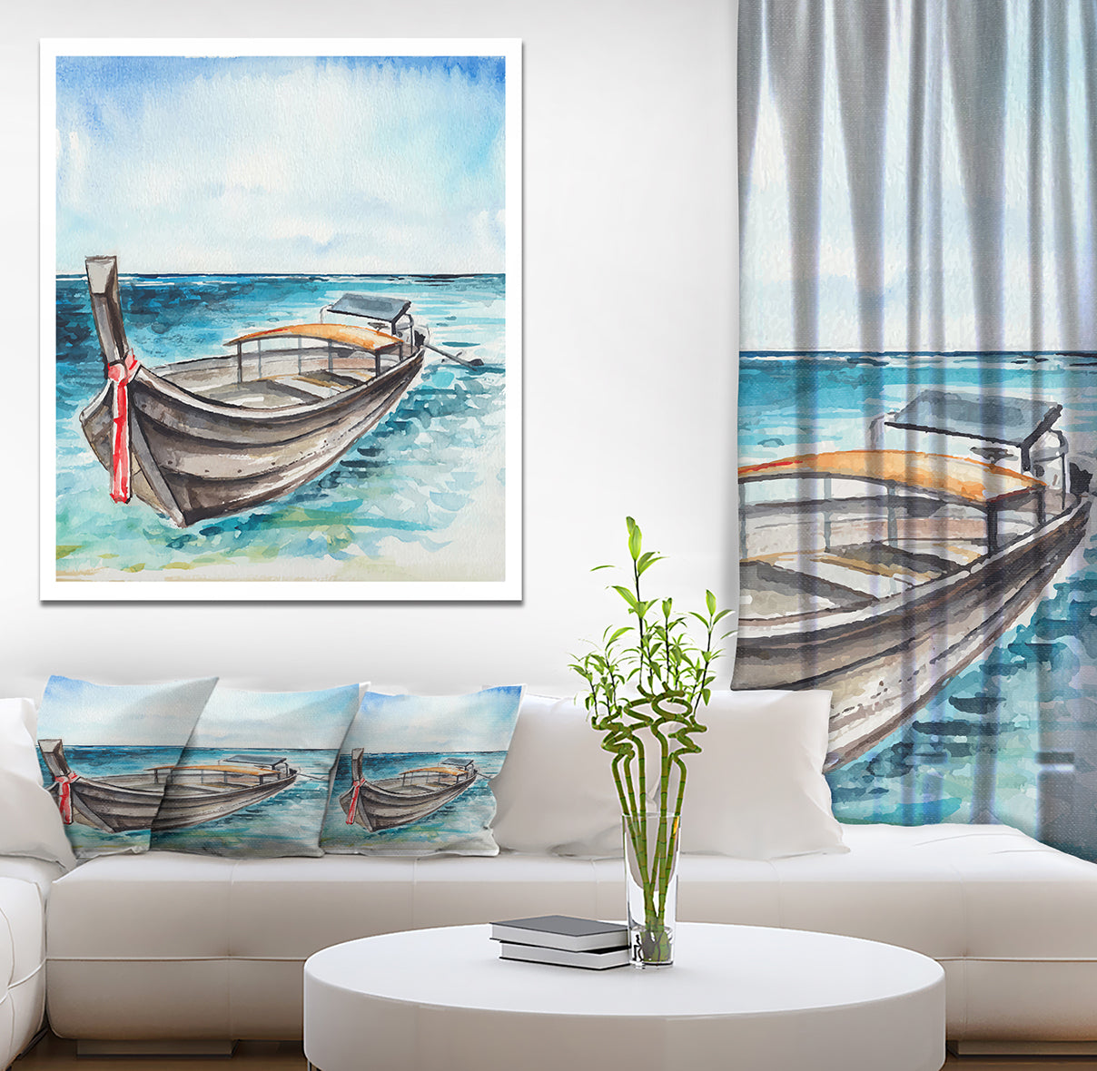 Fishing Boat in Marine Landscape - Sea & Shore Painting Print on Wrapped Canvas