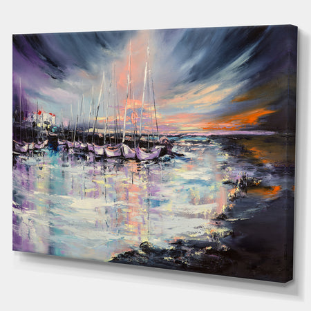 Marina bay Under Stormy Sunset - Sea & Shore Painting Print on Wrapped Canvas