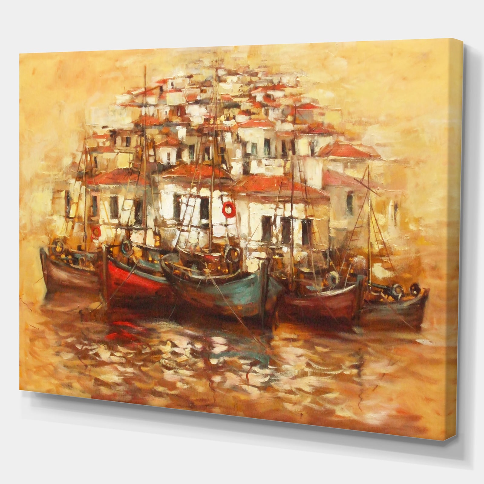Boats on the island harbor Oil Painting - Sea & Shore Painting Print on Wrapped Canvas