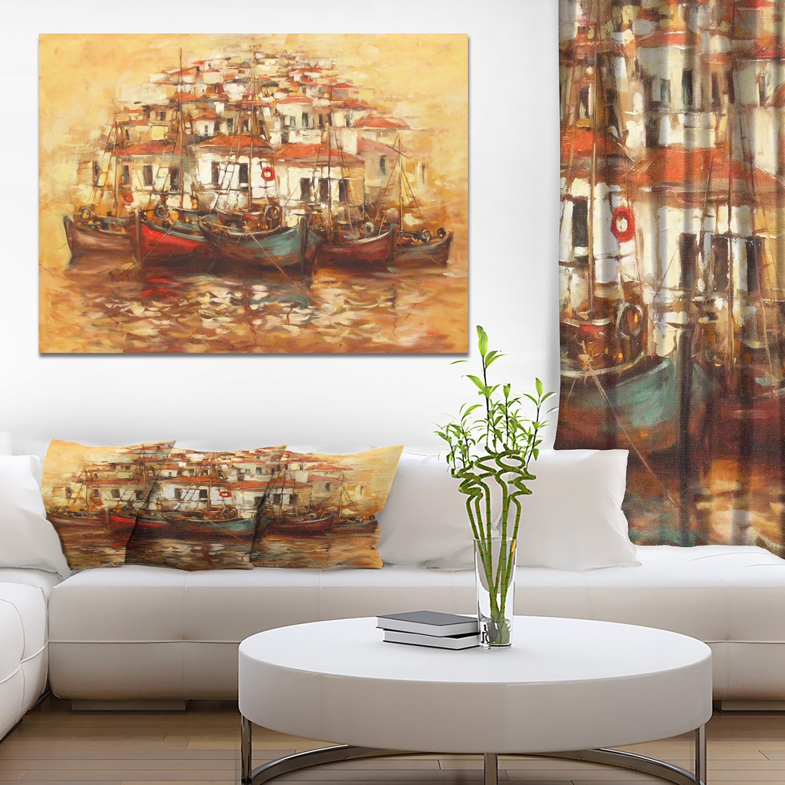 Boats on the island harbor Oil Painting - Sea & Shore Painting Print on Wrapped Canvas