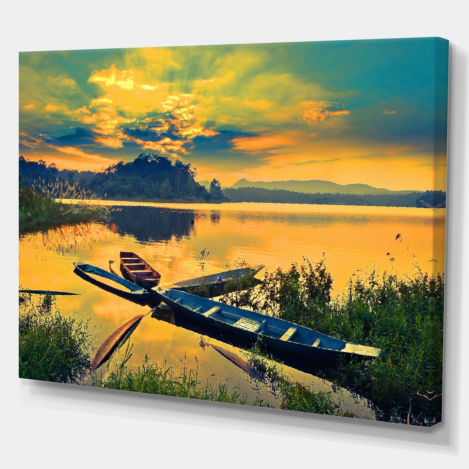 Boats on Water Twilight after Sunset - Sea & Shore Painting Print on Wrapped Canvas