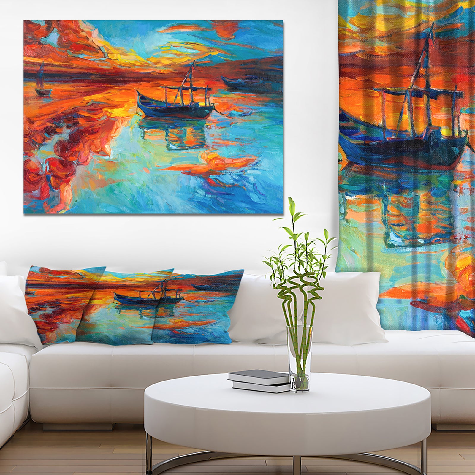Fishing Sailing Boat at Red Sunset - Sea & Shore Painting Print on Wrapped Canvas