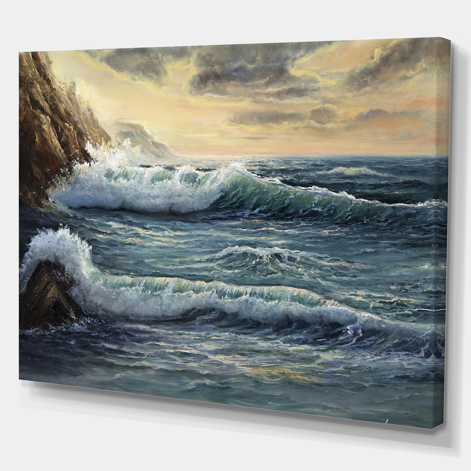 Ocean Waves under Dark Cloudy Sky - Sea & Shore Painting Print on Wrapped Canvas