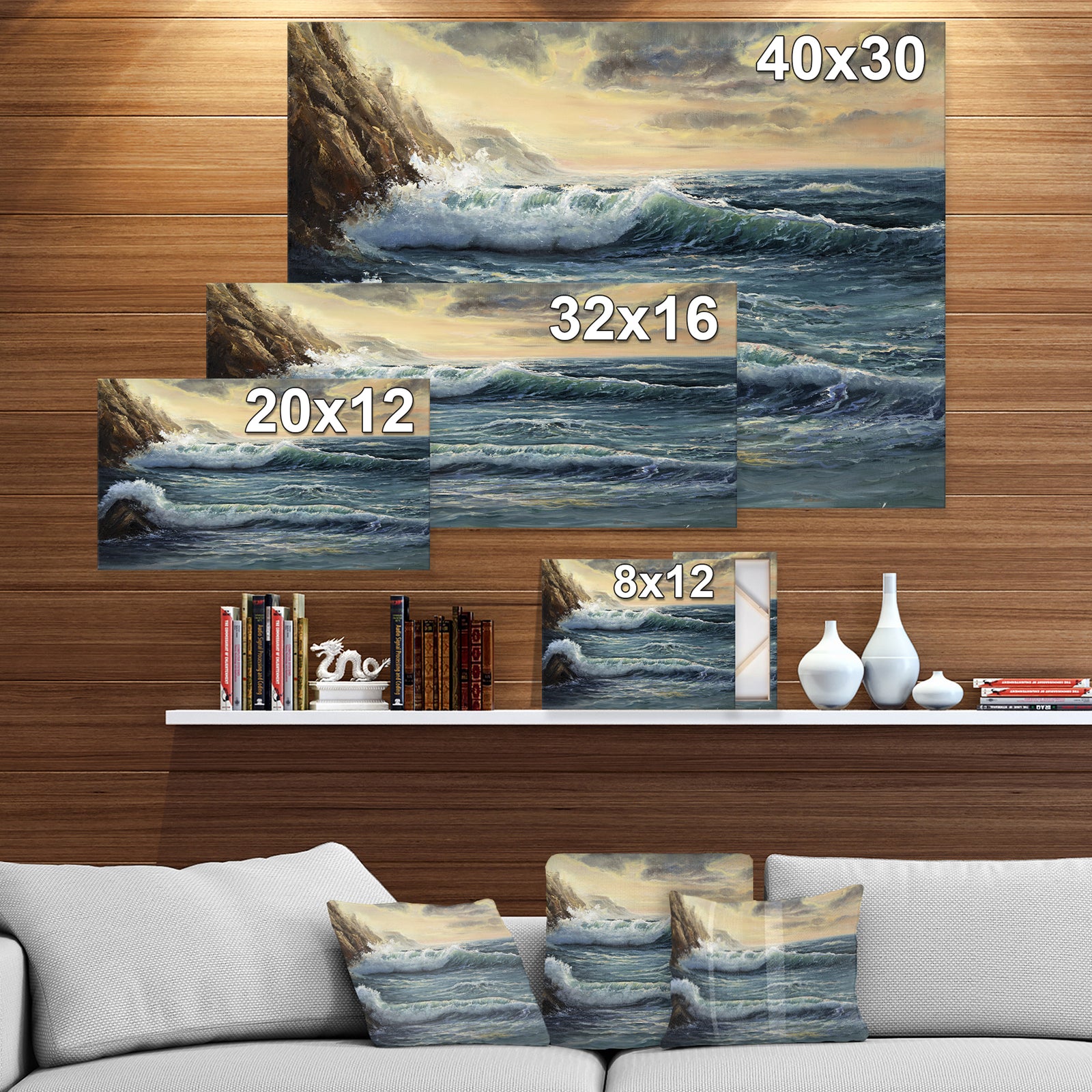 Ocean Waves under Dark Cloudy Sky - Sea & Shore Painting Print on Wrapped Canvas