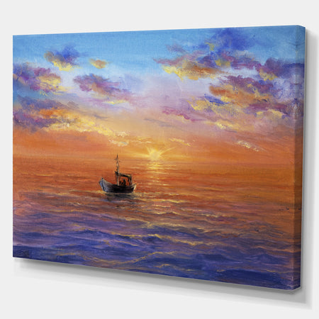 Fishing Boat in Golden Sunset - Sea & Shore Painting Print on Wrapped Canvas
