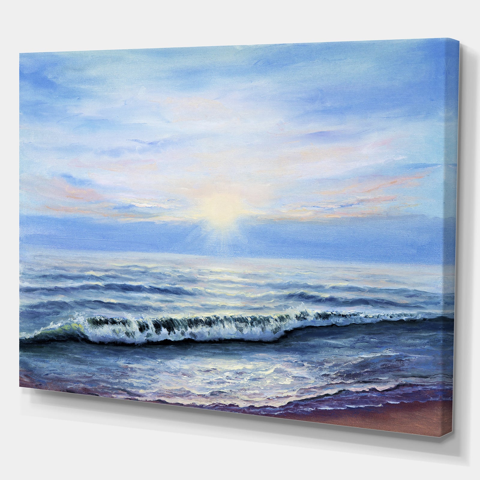 Sunrise in blue sea - Sea & Shore Painting Print on Wrapped Canvas
