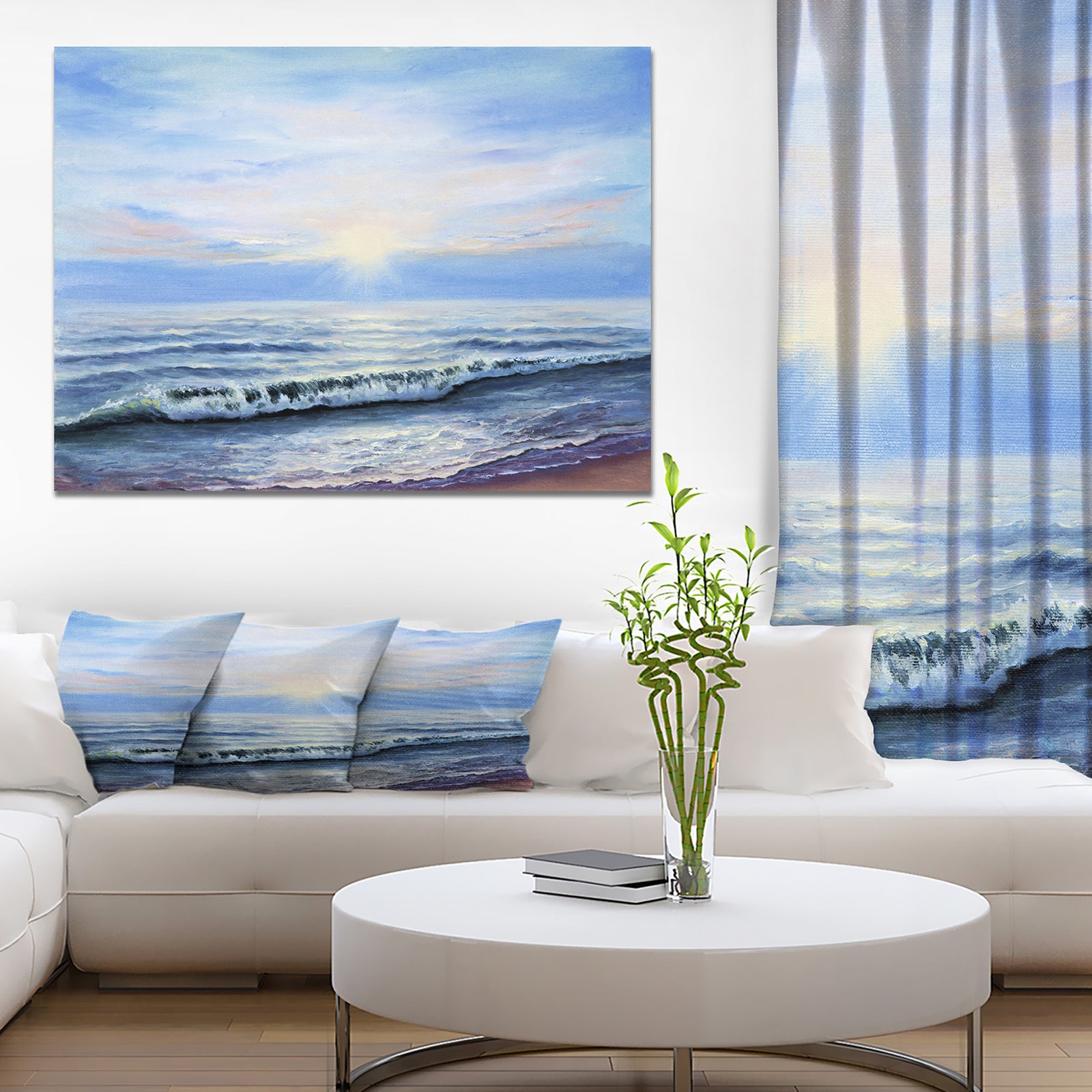 Sunrise in blue sea - Sea & Shore Painting Print on Wrapped Canvas