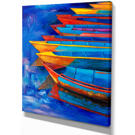 Boats and Jetty at Pier in Oil Painting - Sea & Shore Painting Print on Wrapped Canvas