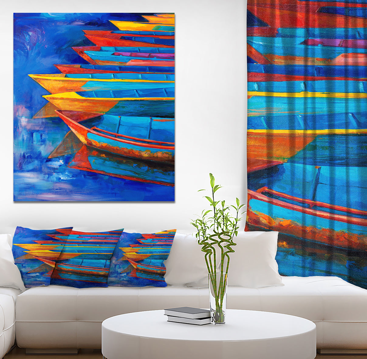 Boats and Jetty at Pier in Oil Painting - Sea & Shore Painting Print on Wrapped Canvas