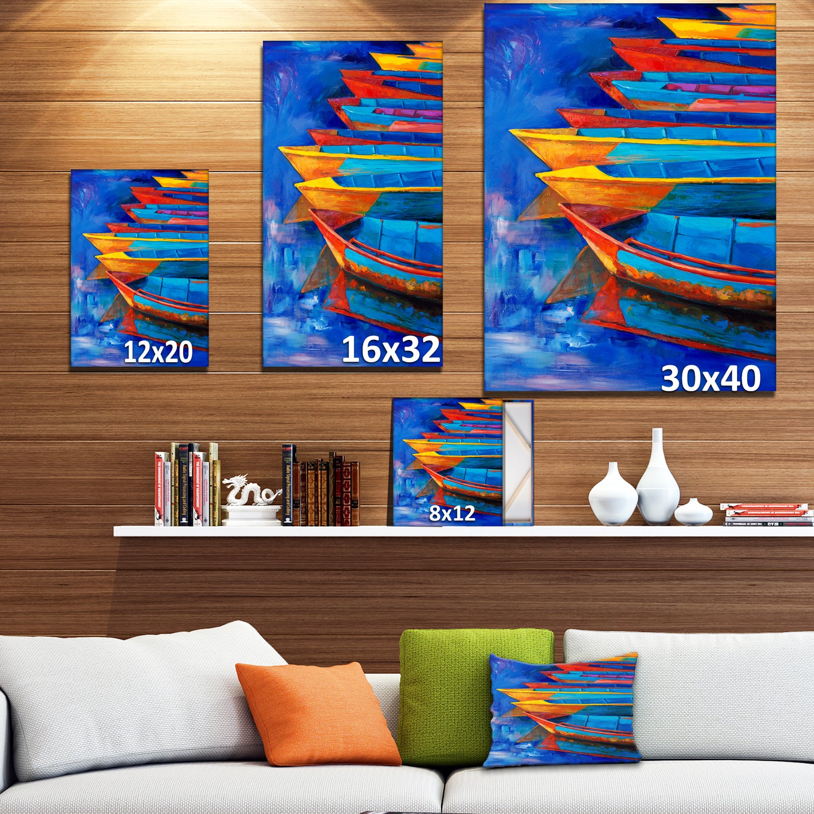 Boats and Jetty at Pier in Oil Painting - Sea & Shore Painting Print on Wrapped Canvas