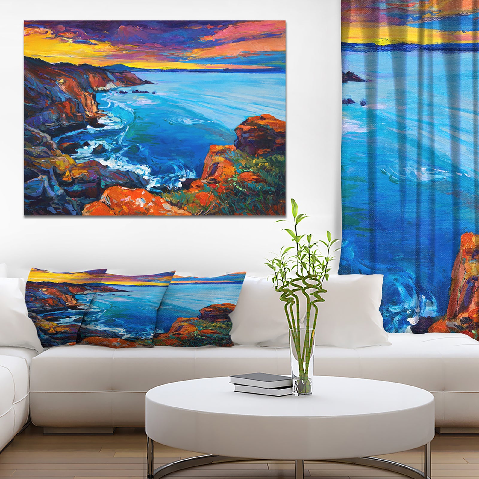 Rich Golden Sunset Over Ocean and Cliffs - Sea & Shore Painting Print on Wrapped Canvas