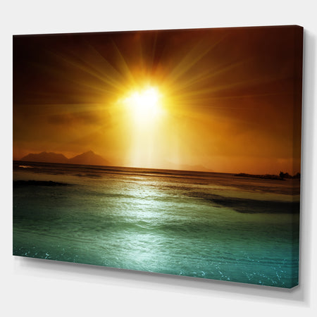 Gold sky on the beach of la Digue island Seychelles - Sea & Shore Photographic on wrapped Canvas