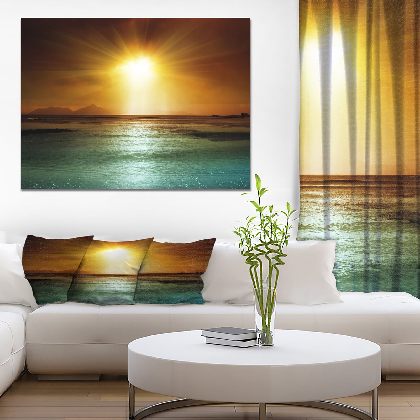 Gold sky on the beach of la Digue island Seychelles - Sea & Shore Photographic on wrapped Canvas