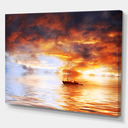Boat in late sunset - Sea & Shore Painting Print on Wrapped Canvas