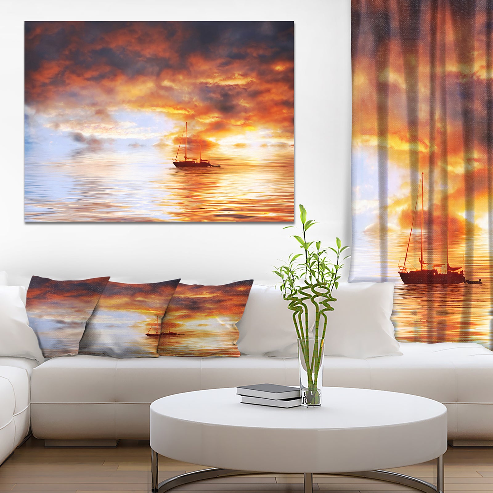 Boat in late sunset - Sea & Shore Painting Print on Wrapped Canvas