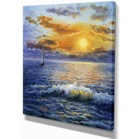 Sailboat in Beautiful Golden Sunrise - Sea & Shore Painting Print on Wrapped Canvas