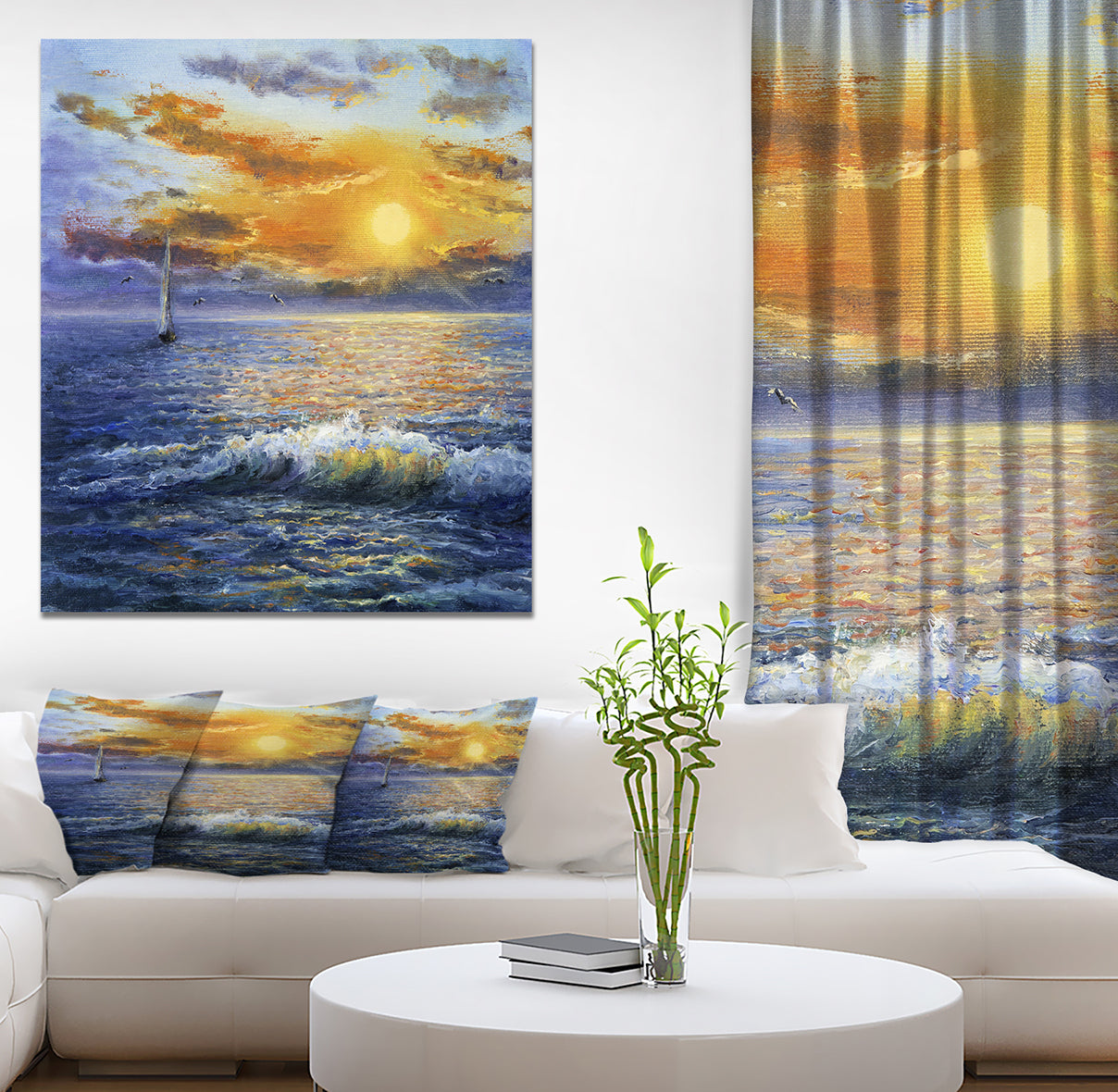 Sailboat in Beautiful Golden Sunrise - Sea & Shore Painting Print on Wrapped Canvas