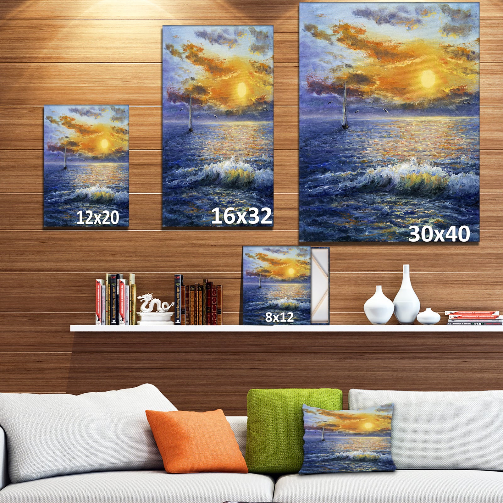 Sailboat in Beautiful Golden Sunrise - Sea & Shore Painting Print on Wrapped Canvas