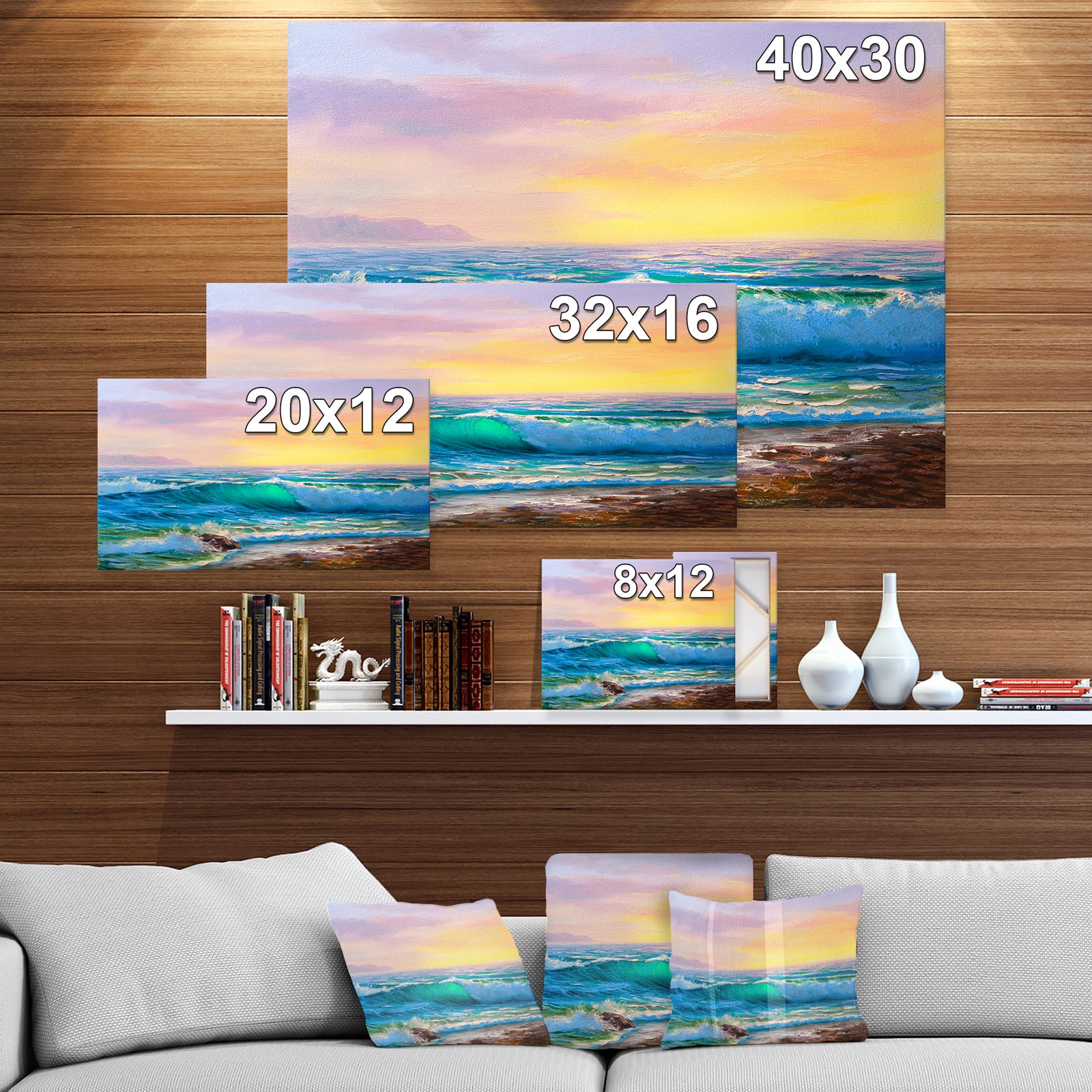 Sunsets over ocean waves - Sea & Shore Painting Print on Wrapped Canvas