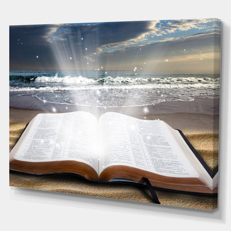 Jesus Bible at beach - Religious Art on Wrapped Canvas