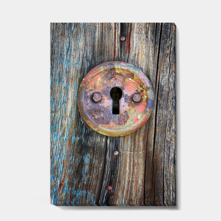Colorful Rusty Keyhole on Wooden Door - Vintage Canvas Art
