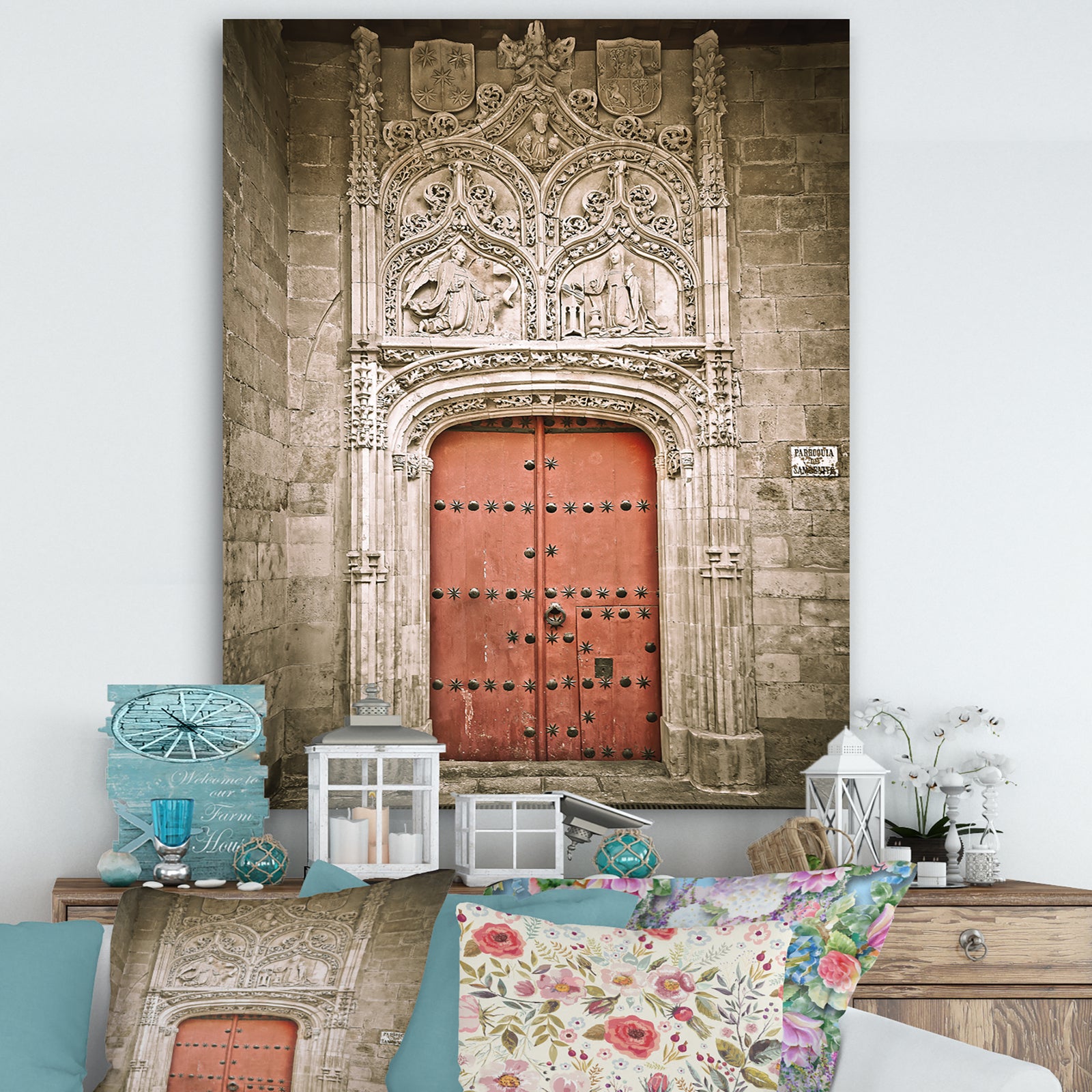 Old Red Church Door in Salamanca Spain - Vintage Canvas Artwork